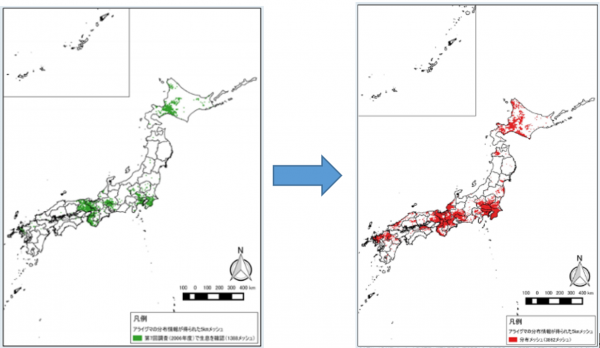 アライグマの生息分布エリアの拡大（2005年→2017年）