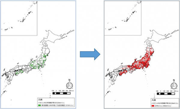 ハクビシンの生息分布エリアの拡大（2002年→2017年）