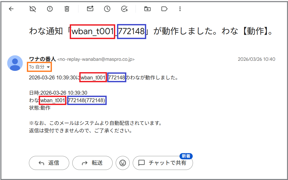 通知メール例：Gmailで受信した場合